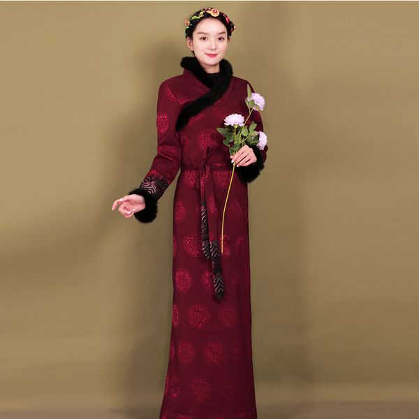 Ropa étnica del Tíbet Vestido largo vintage elegante bata de invierno mujeres tradicionales Vestido Oriental traje asiático