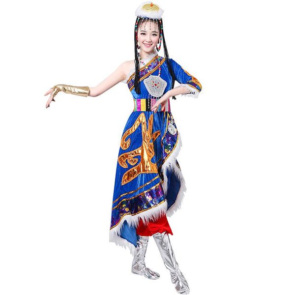 Ropa de nacionalidad tibetana, fiesta de festival, trajes de baile folclórico, túnica de mujer tibetana, vestido Vintage de un hombro, ropa étnica para escenario