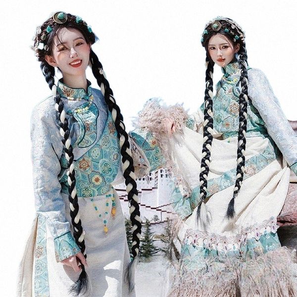 Costume tibétain Costumes Robe bleue Lhassa Style ethnique Voyage Photographie Danse Y2uH #