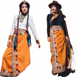 Jupe portefeuille de style tibétain avec bretelles pour femmes, vêtements ethniques rétro m8VS #