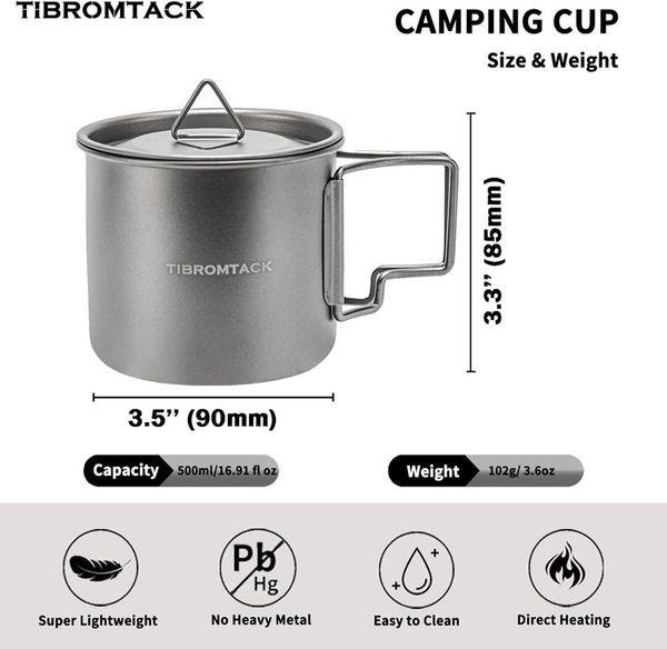 Taza de titanio TIBROMTACK para acampar, viajar, taza ultraligera para mochilero de 500 ml con asas plegables y tapa, taza para exteriores