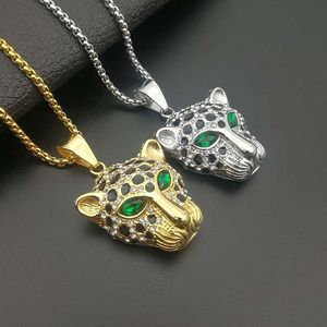 TIDE HIP HOP HIPHOP Sieraden Titanium stalen vergulde diamant met rode en groene ogen Leopard hoofd hanger ketting GD1238