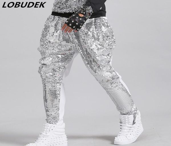 Tide Tide Male Silver Sequins Harem Pants Bar Stage Singer Dancer Hip Hop Rock Performance Casual Loose pantalones TRABACER DANCE S8116617