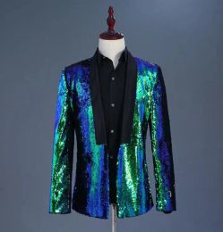 Tide Mens DoubleTurning Two Colors Sequins Blazer DJ Singer Night Club Blue Green Purple Gold Silver Jacket Outfit Men0393435621