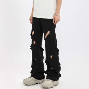 TIDEEKU zwarte jeans heren Amerikaanse stijl Distressed Micro Horn Trendy High Street losse broek met rechte pijpen