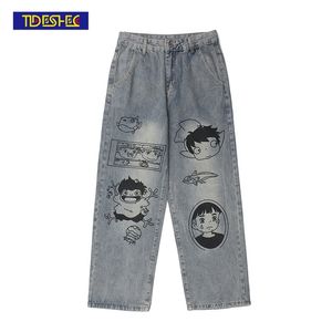 Tideshec Anime Imprimé Jeans College Style Lâche Hommes et Femmes Pantalons Streetwear Denim Pantalons Mode Vêtements Pour Hommes 210723