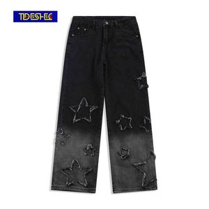 Tideshec vijfpuntige ster borduurwerk wide-poot broek streetwear gradiënt ontwerp voor mannen vrouwen denim jeans broek hiphop