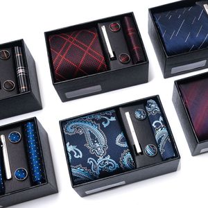 Conjunto de gravatas masculinas de qualidade luxuosa para presente, gravatas formais e presilhas de lenço, abotoaduras, ternos para homem, gravata de casamento, caixa de gravata 230629