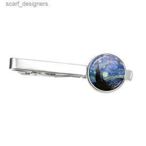 Tie clips Nieuwe mode van Gogh Oil Painting Mens Tie Clip Copper Metal Simple Tie Pin Set Pin -knop Geschenken aan vrienden Sieraden Accessoires Y240411