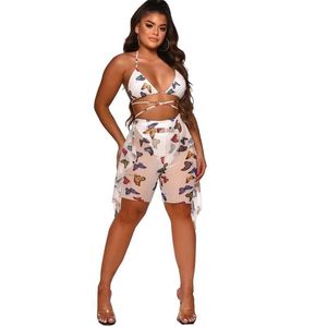 Tie Dye 2 PC Set Vrouwen Kleding Spaghetti Strap Deep V Neck Bra Tops Tuniek Skinny Knielengte Broek Vakantie Sexy Strand Outfits 210525