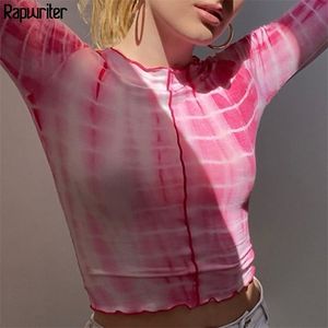 Tie Dye Esthetic Edge Design Vrouw Tshirts Harajuku Grafische Roze T-shirt Vrouwen Y2K O-hals Lange Mouwen Crop Tops 210510