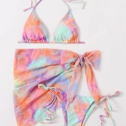 Tie-dye bikini Traje de baño con falda Mujer Corte alto Traje de 3 piezas Halter Traje de baño Mujer Triángulo Traje de baño Sin espalda 220611