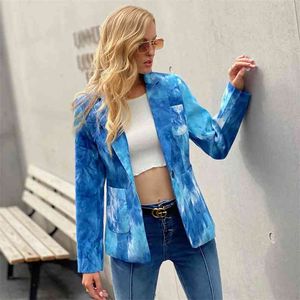 Tie-dye velours côtelé bleu blazer vestes femmes automne hiver simple boutonnage streetstyle poches veste hauts 210427