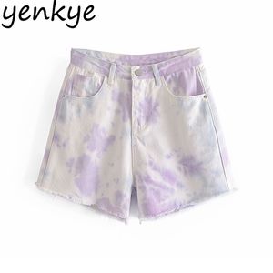 Tie Dye Denim Shorts Femmes Vintage Taille Haute Casual Summer Pantalon court Mujer Frayed Edge Poches Pantalones Cortos 210514