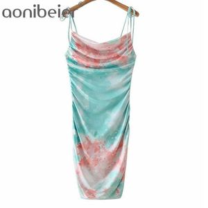 Tie-Dye Trekkoord Zij Sexy Mini Jurk Zomer Mouwloos Ruched Detail Dames Bodycon Spaghetti Strap 210604