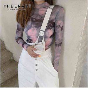 Tie Dye E Girl Rose Mesh Top T-shirt à manches longues Femmes Turtleneck Back Zipper Voir à travers Tshirt Y2K Esthétique 210427