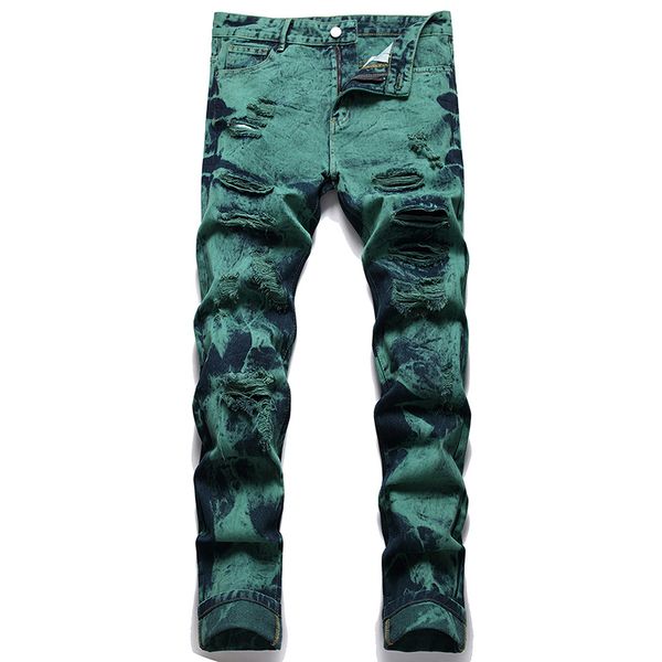 Cravate teinture vert noir hommes déchiré jean 2022 mince trous droits Denim pantalon pour homme mode décontracté Streetwear pantalons