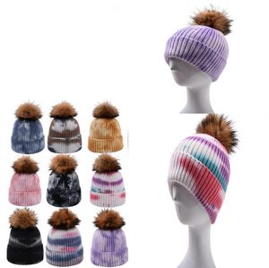 Tie-dye hats detachable ball wools caps Autumn winter ladies knit hat fashion outdoor street winter warm cap DD455