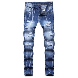Tie Dye hommes déchiré jean mode Streetwear décontracté Slim Fit Denim pantalon bleu foncé trou fermeture éclair pantalon taille 28-42 pantalons