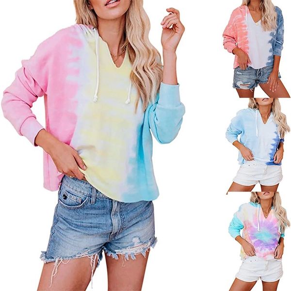 Tie-Dye Neck Blouse Imprimer Casual Pull Hoodies Lâche Style Coréen À Capuche Tops Sweats À Manches Longues Survêtement Chemises CGY88