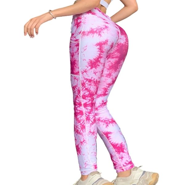 Tie-dye Pockets Leggings de cintura alta Deportes Ladies Fitness Stretch Push Up Workout Rose Red Jogging Femme Pantalon 210604