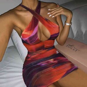 Tie Dye Print Cross Sexy Backless Mini Dress Femmes Bandage Robes Moulantes Printemps Femmle Lace Up Skinny Party Y2K Vêtements 210517