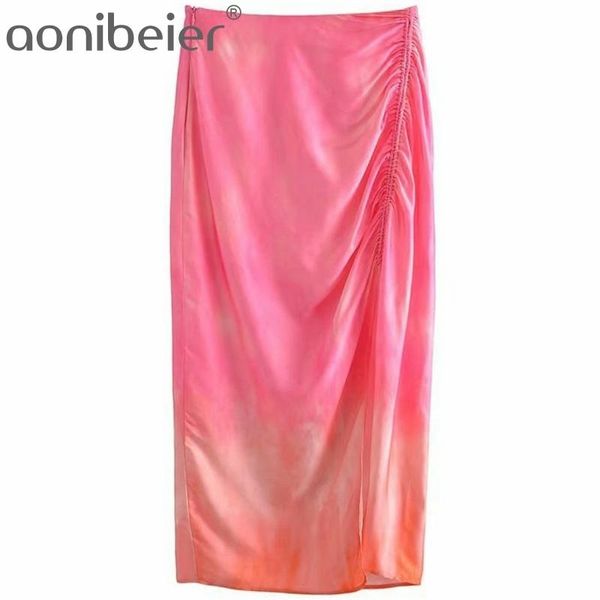 Tie Dye Imprimer Crayon Jupes Mode D'été Ruché Détail Haute Split Femmes Taille Casual Midi Jupe Femme Bas 210604