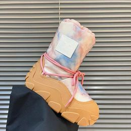 Clásico Tie-Dye Impreso Botas de nieve Tobillo Esquí Color de contraste Slip-On Tacones gruesos Moda Botines Invierno Punta redonda Lujo Mujer Diseñador Zapatos Calzado de fábrica