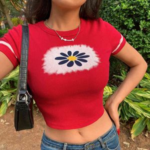 Tie Dye côtelé Kawaii Imprimer Rouge Y2K T-shirts avec manches courtes Mode Femmes Harajuku Summer Crop Top pour filles Blue Tees 210415