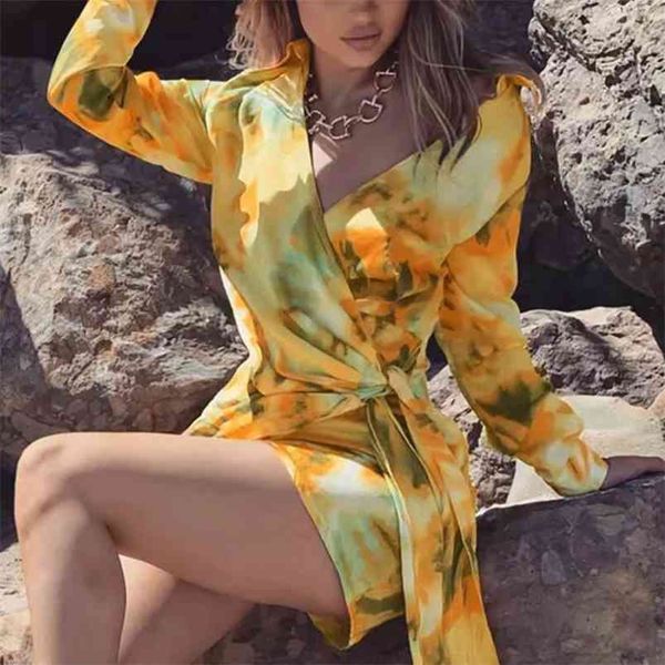 Tie-dye satin parti wrap robe femmes à manches longues automne hiver chemise boîte de nuit courte jaune vestidos 210427