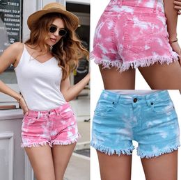 Tie-dye Shorts Tassel Fashion Denim Shorts Taille moyenne Jean Casual Hip Hop Summer Hot Pants Déchiré Lavé Sexy Slim Cowboy Pantalon B8178