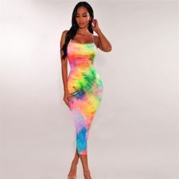 Tie Dye Slip Backless Sexy Zomer Herfst Dames Mode Hoge Taille Slanke Partij Elegante Bodycon Midi Jurk 210518