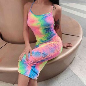 Tie Dye Slip Backless Sexy Zomer Dames Mode Hoge Taille Slanke Partij Elegante Bodycon Spaghetti Strips MIDI Jurk 210517