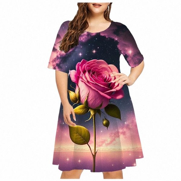 Tie Dye Starry Sky Rose Estampado floral Dr Mujeres Fi Manga corta suelta Tallas grandes Dr Summer Casual Party Mini Dr 6XL o8up #