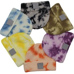 Tie Dyed Leather Label Gebreide Muts Voor Mannen Vrouwen Neutrale Casual Plain Weave Hoed Winter Unisex Hoeden 6 Kleuren