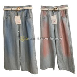 Pantalon teint par nouage pour femme, jean à jambes larges, pantalon en Denim de Style Vintage, taille haute avec ceinture
