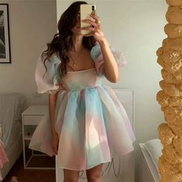 Tie-dyed Rainbow Organza Dress A-line Puff Sleeve Cute Summer pour les femmes Skater Short Party Holiday 210427