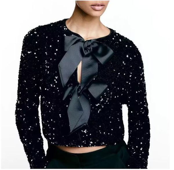 Veste à paillettes avec nœud papillon sur le devant pour femmes, manteau scintillant de vacances Chic, manches longues, haut court Sexy, brillant, Streetwear de soirée 2312102