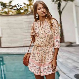 Stropdas Neck Button Front Vrouwen Romper en Playsuit Zomer Floral Print Holiday Boho Casual 3/4 Mouw Strand 210510
