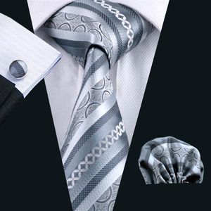 Tie set voor mannen grijze streep Hankerchief manchetknopen Jacquard geweven heren stropdas set zakelijk werk formeel bruiloft n-0589232x