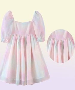 Tiedyed Rainbow Organza -jurk Aline Puff Sleeve Leuke zomer voor vrouwen Skater Short Party Holiday 2104271857847