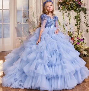 Tiere bloemenmeisjes jurken 2023 baby blauw ruches baljurk kokkinderen formele jurk halve mouw prinses kind speciale gelegenheid jurk e0322