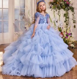 Tiere bloemenmeisjes jurken baby blauw ruches baljurk kokkinderen formele jurk halve mouw prinses kind speciale gelegenheid jurk op maat gemaakt