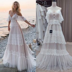 Boho Wedding Dress 2024 | Tiered Lace Spaghetti Straps Deep V Neck Beach Wedding Dresses