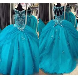 Gelaagde Quinceanera -jurken kristallen 2021 kralen turquoise rok tule vloer lengte korset terug zoet 16 prom feest baljurk