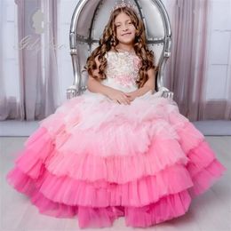 Gelaagde ruches Flower Girl -jurken voor pography Childrens Birthday Jurken Lace Kids First Communion Luxury 240428