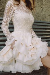 Robe De mariée trapèze courte à plusieurs niveaux, en dentelle, effet d'illusion, manches longues, col haut, Mini robe De mariée, Robe De plage, été, 2024