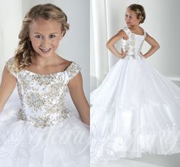 Gelaagde Tule Kristallen Lange Optochtmeisjes Jurken Kapmouwtjes Lace Up Prinses Bloem Meisjes Jurk Goedkope Formele Partij Gown261P