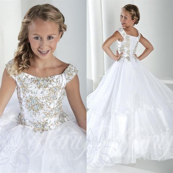 Vestidos largos de tul de cristal con gradas para desfile de niñas, mangas casquillo con cordones en la espalda, vestido de princesa con flores para niñas, vestido de fiesta Formal barato 247l