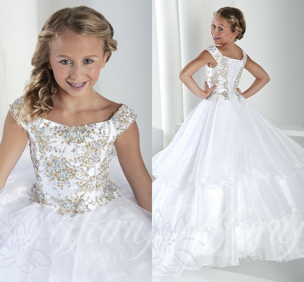 Tiered Tulle Crystal Long Girl's Pageant Dresses Cap Sleeves Lace Up Back Princess Flower Girls Dress Cheap Formal Party Gown261P
